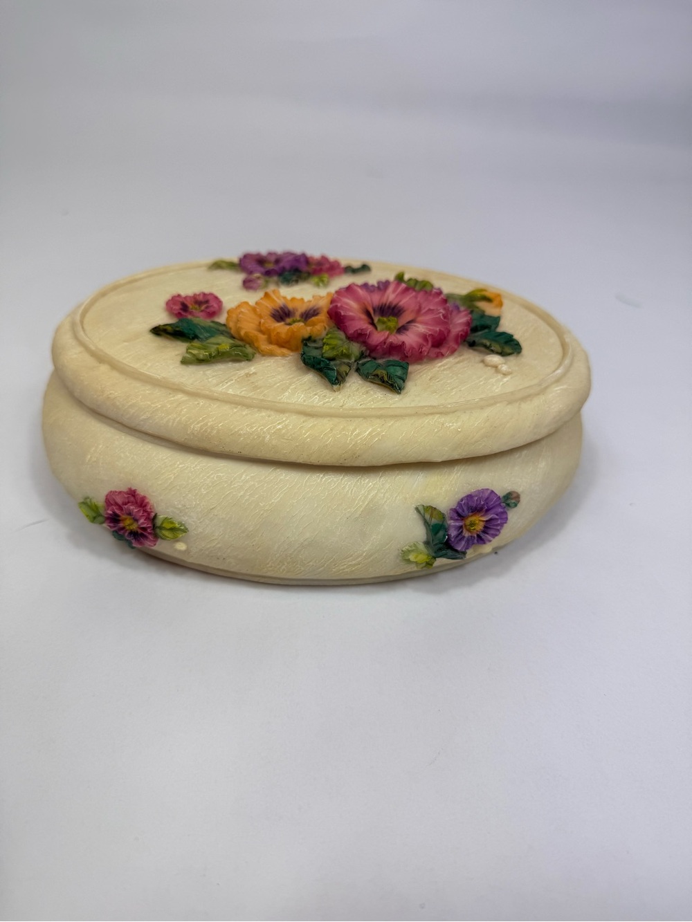 Hand Painted 3D Floral Lidded Oval Trinket Jewelry Box Multicolor By A. Richesco